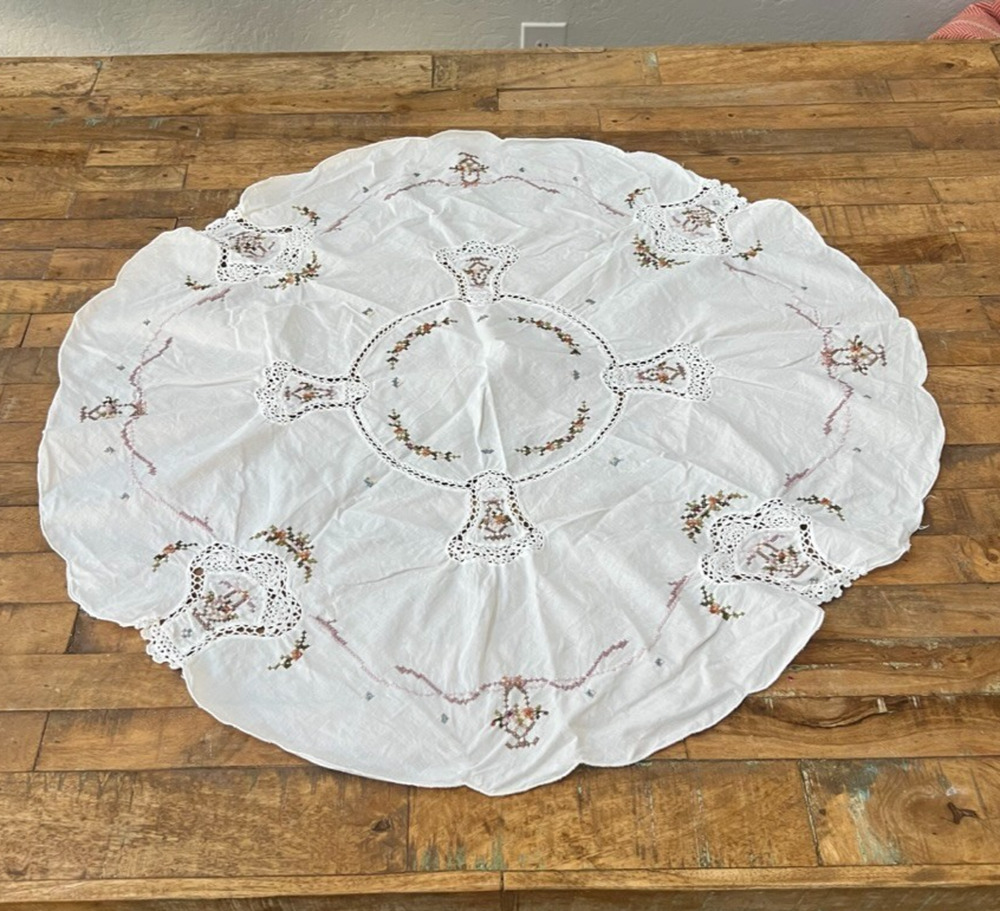 Handmade 32" Diameter Round Embroidered Doily Crochet Detail Cross Stitch